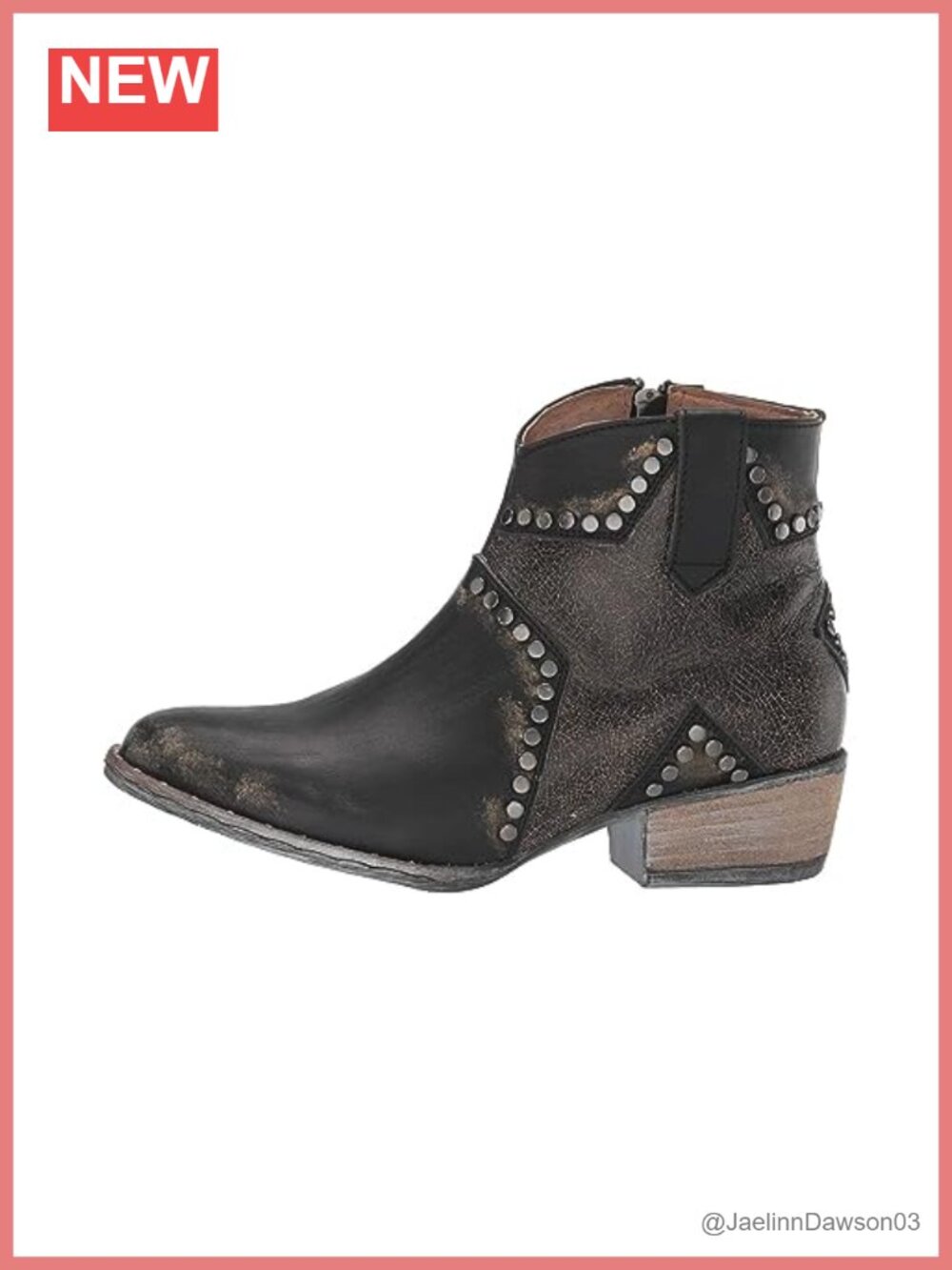Western Ankle Boots with Star Inlay & Studs Faux Leather Block Heel